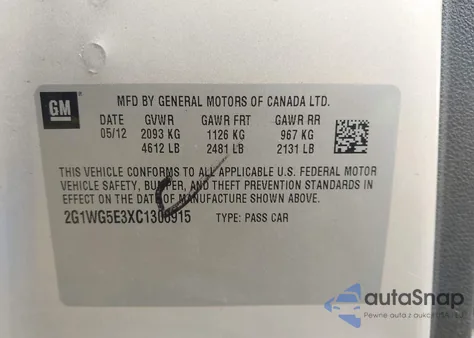 2012 Chevrolet Impala Lt из США, поврежденный, VIN 2G1WG5E3XC1308915